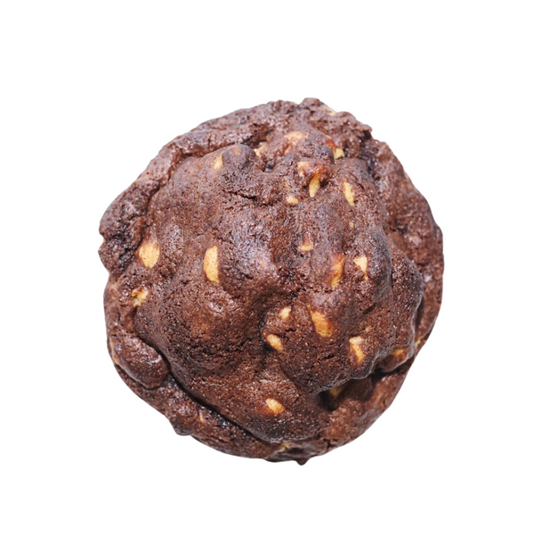 This is a dark brown colored cookie with peanut butter chips light brown in color showing through.