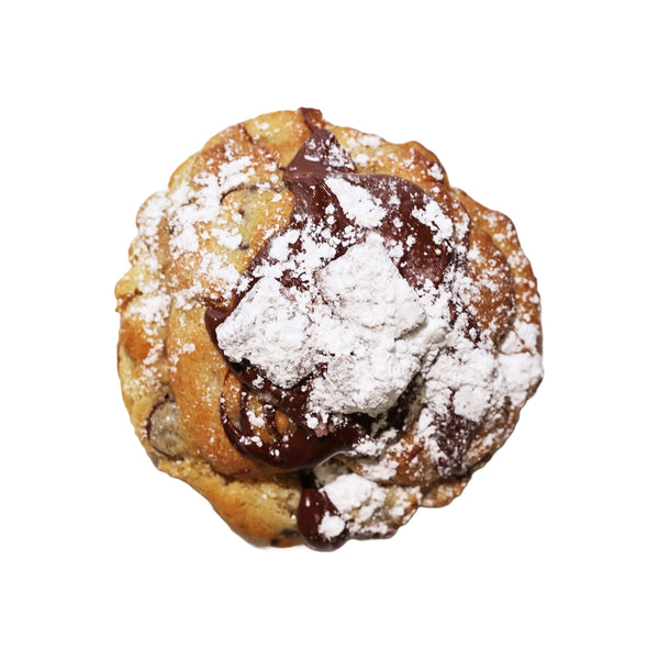 6 oz peanut butter based cookie filled with semi sweet and peanut butter chips, topped with a peanut butter chocolate glaze, puppy chow and a dusting of powder sugar