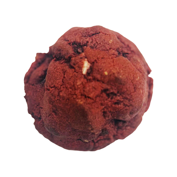 A 6 ounce red velvet cookie stuffed with a cream cheese center