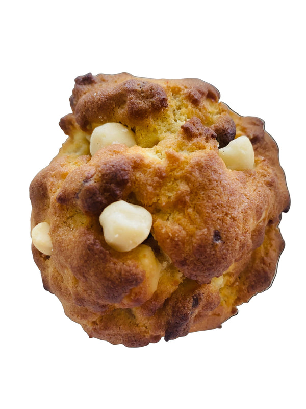 Cookie with white chocolate chips on a white background