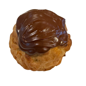 A single chocolate-covered cookie on a plain white background.