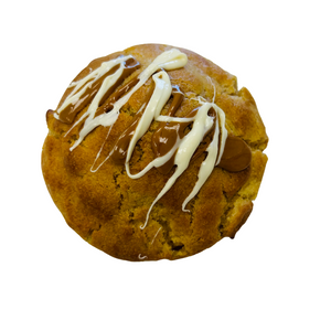 This is a light brown colored cookie with white chocolate drizzle on top along with a dark brown colored drizzle of Bischoff spread on top.  