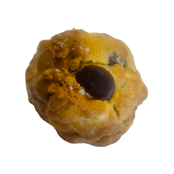 Dark brown cookie with a chocolate filling on a white background