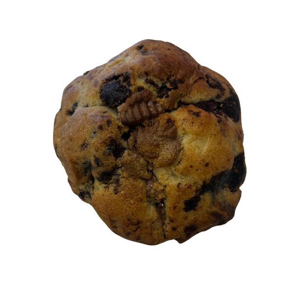 Chocolate chip cookie with brownie and PB cups on a white background