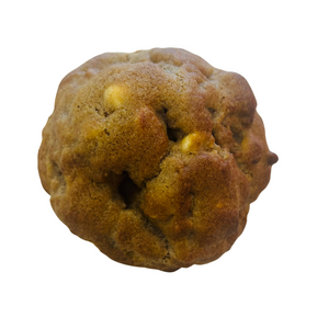 This is a brown colored thick round cookie with white chocolate chips visible.  